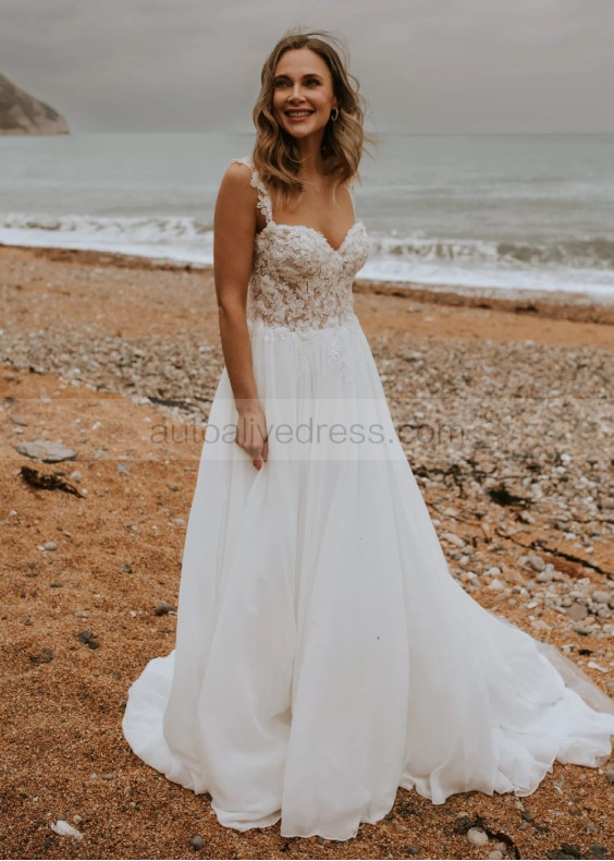 Wide Straps Beaded Ivory Lace Chiffon Boho Wedding Dress